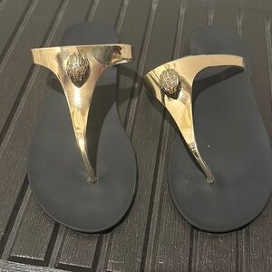 Kurt Geiger Gold and Black Sandals with Metallic Straps—- gently worn